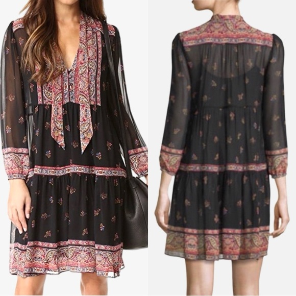 Joie Dresses & Skirts - JOIE Alpina 100% Silk Dress Caviar Paisley Tie Neck Loose Fit Dress With Slip